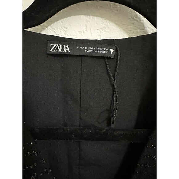 NEW Zara Dress Size XS Womens Tetured Mini Weave Tweed Black Blazer Ruffle Dress - Picture 3 of 7